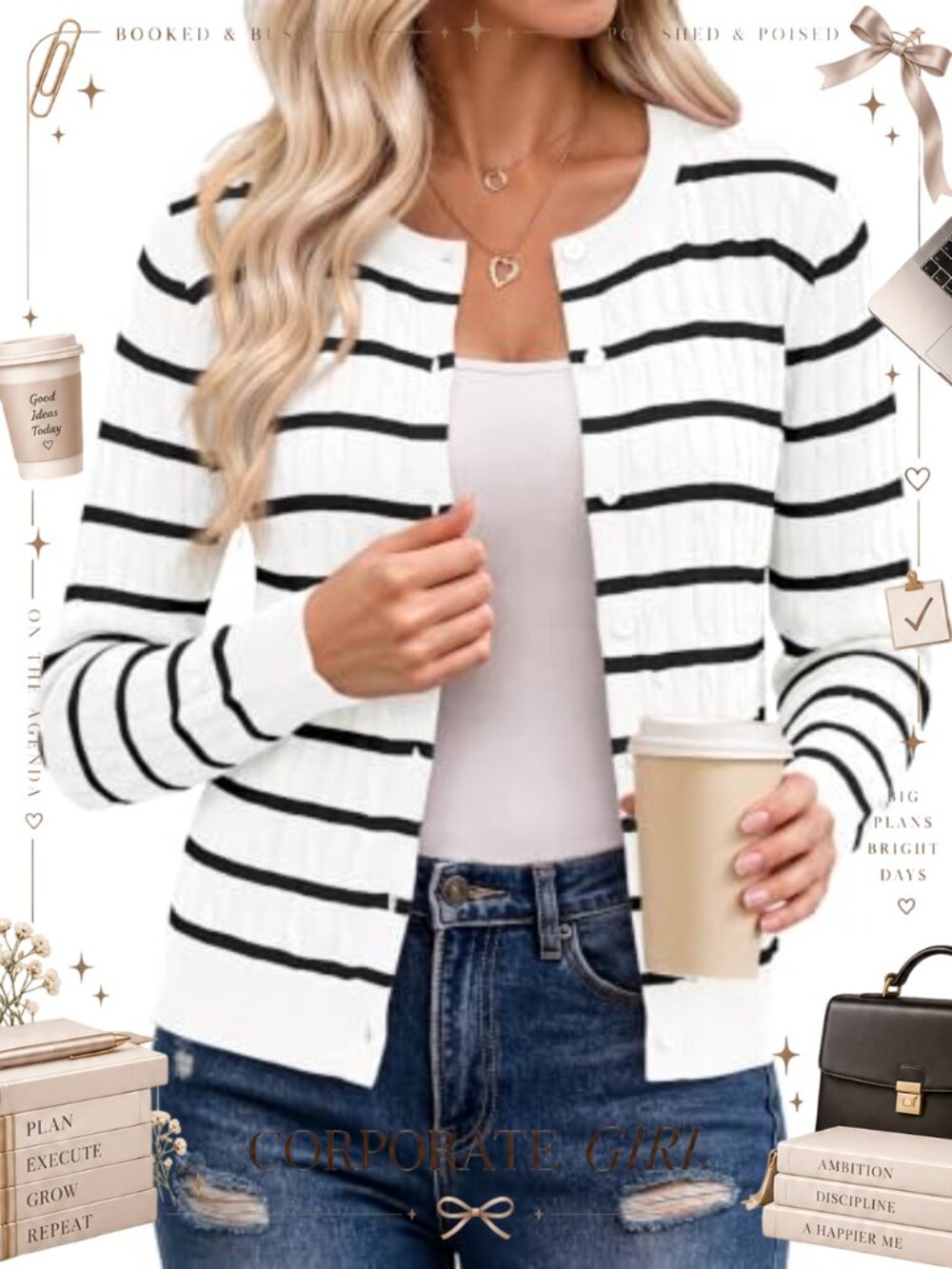 Cable Knit Striped Button Down Cardigan Crewneck Long Sleeve Sweater